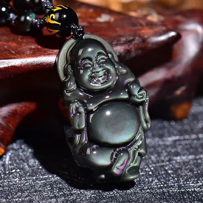 Collana con ciondolo Buddha che ride in ossidiana arcobaleno naturale con pace interiore - image 2