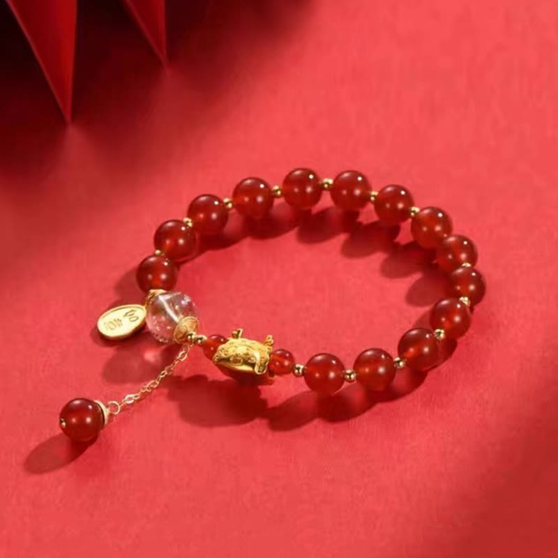 Buddha Stones Anno del Drago Gnocco Agata Rossa Naturale Granato Giada Hetian Fu Carattere Braccialetto Fortuna Successo