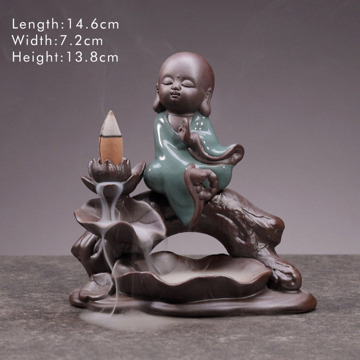 Buddha Stones Piccolo Monaco Ceramica Loto Benedizione Bruciatore Incenso Decorazione