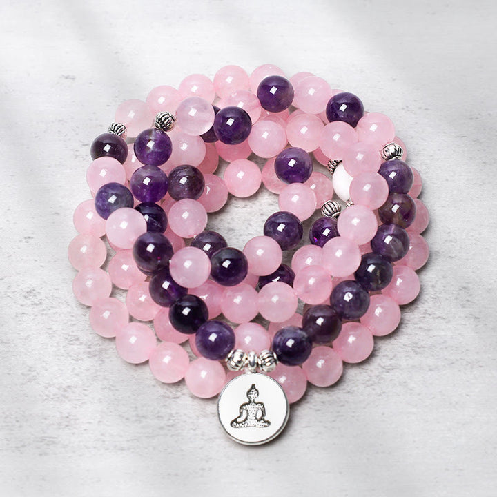 Bracciale con ciondolo di loto in perline di Mala in quarzo rosa naturale e ametista Buddha Stones