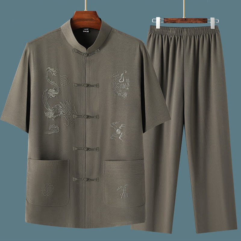 Buddha Stones Tang Suit Hanfu Drago Cinese Tradizionale Kung Fu Uniforme Manica Corta Top e Pantaloni Abbigliamento Uomo Set