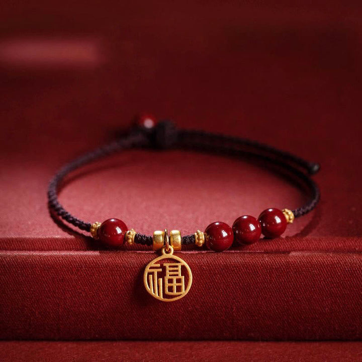 Braccialetto con corda intrecciata con Buddha Stones, perline di cinabro e carattere Fu