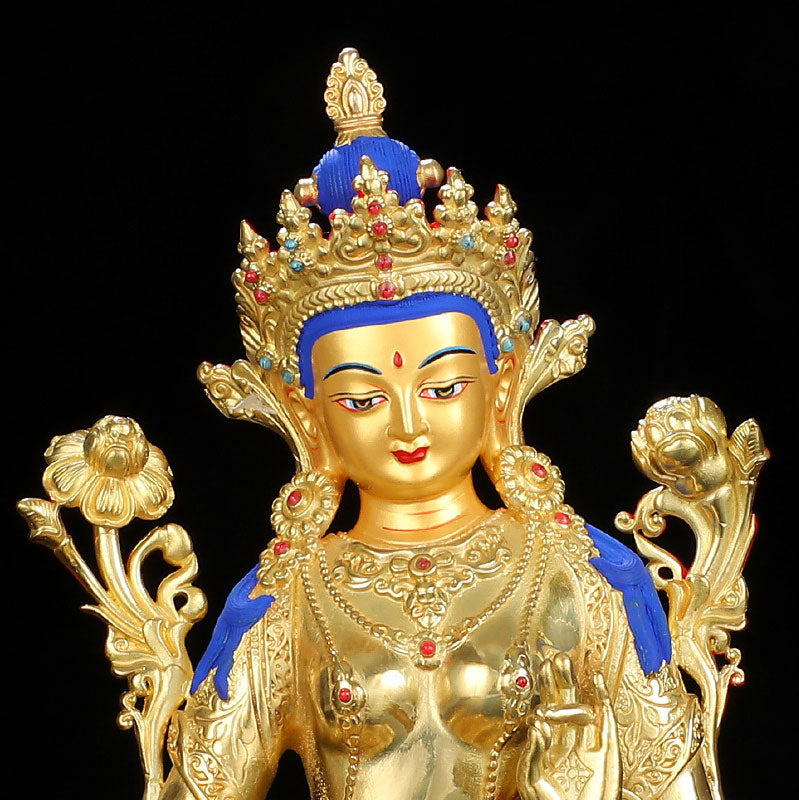 Decorazione statua in rame placcato oro Bodhisattva Tara verde protezione
