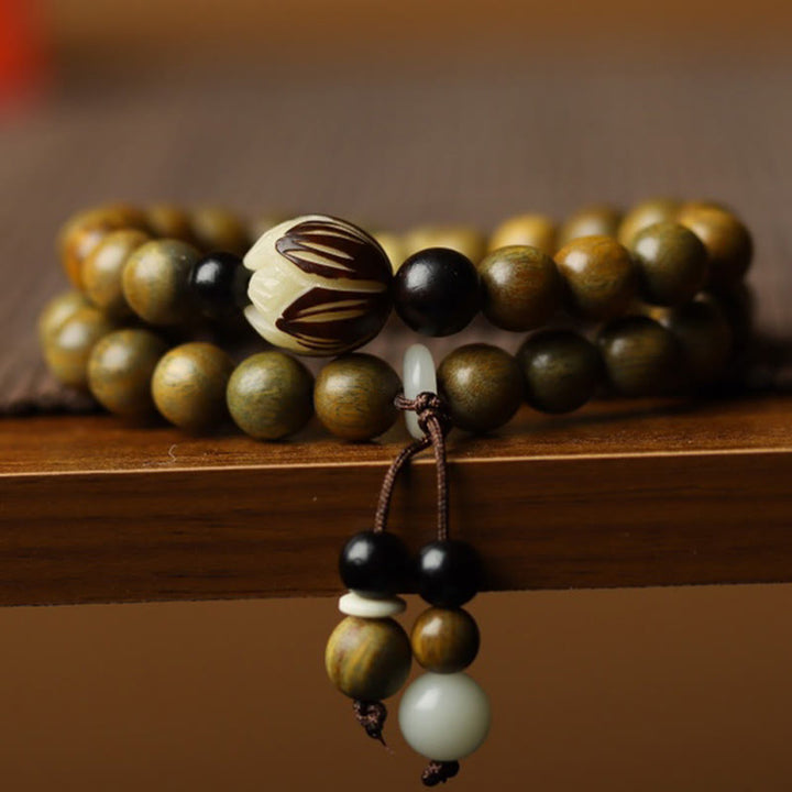 Braccialetto a doppio giro rilassante Buddha Stones Sandalo verde Bodhi Seed Lotus