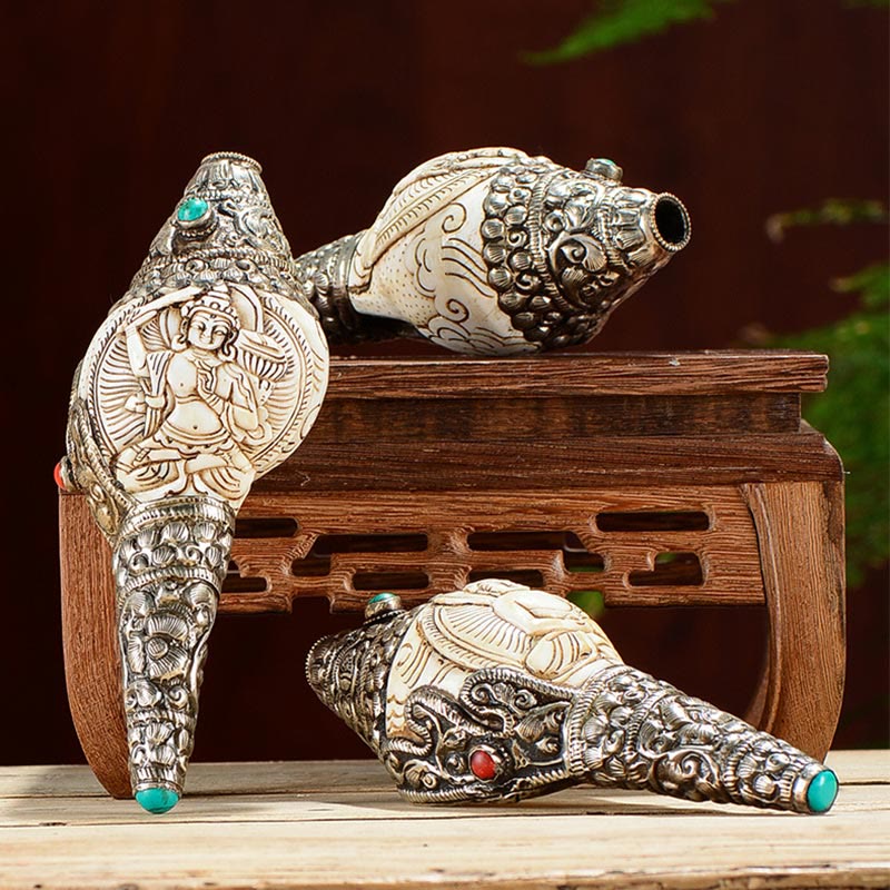 Decorazione positiva della ricchezza della conchiglia del Buddha Shankha incisa a mano tibetana - image 0