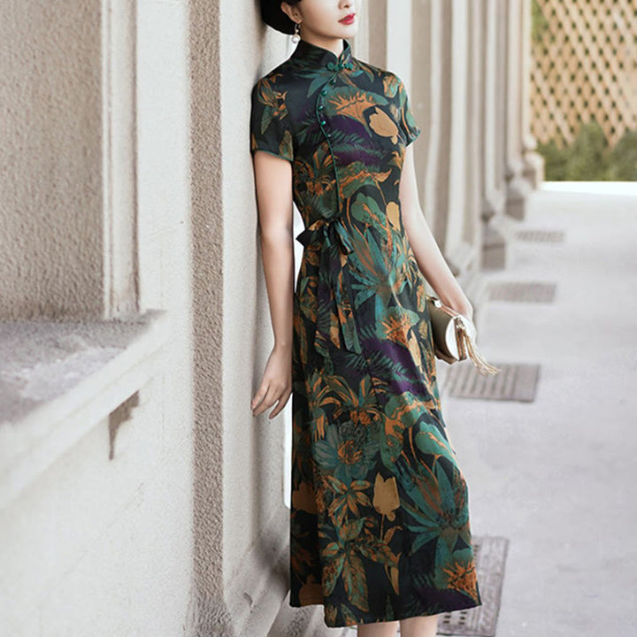 Abito Buddha Stones in seta Qipao con motivo a foglie e fiori retrò, abito cheongsam da donna - image 16