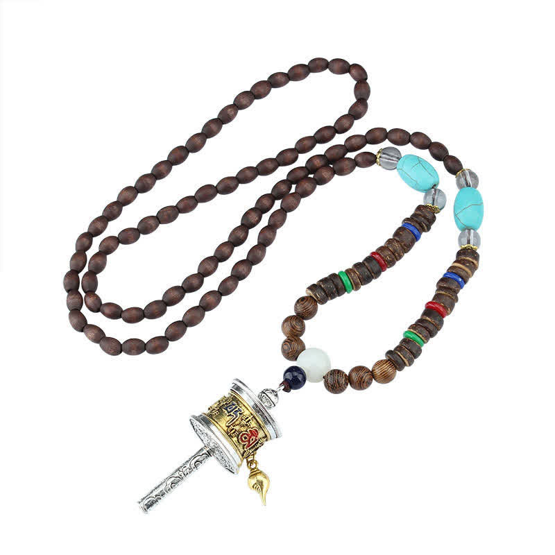 Buddha Stones Tibetano Om Mani Padme Hum Ruota della Preghiera Rotazione Vajra Collana Pendente in Legno - image 13