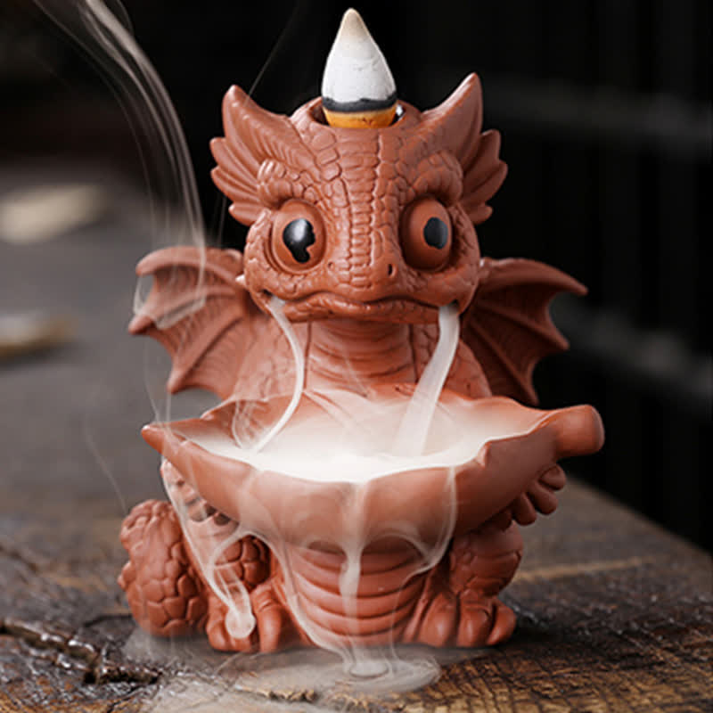 Bella fontana di fumo a riflusso in argilla viola con dinosauro, decorazione per bruciatore di incenso curativo