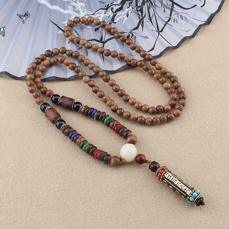 Ciondolo per collana in legno di wenge con Buddha Stones tibetano Om Mani Padme Hum Dzi - Catena di perline di legno Om Mani Padme Hum - image 0