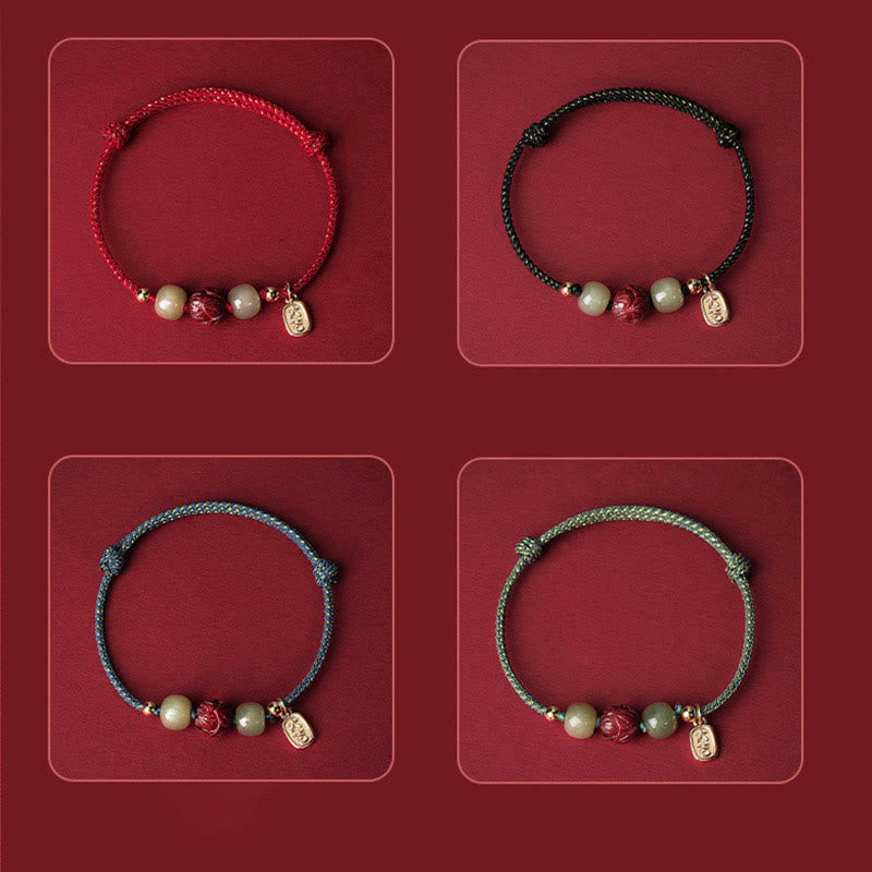 Braccialetto di corda artigianale Buddha Stones in giada Hetian placcato oro 14K, cinabro e loto portafortuna
