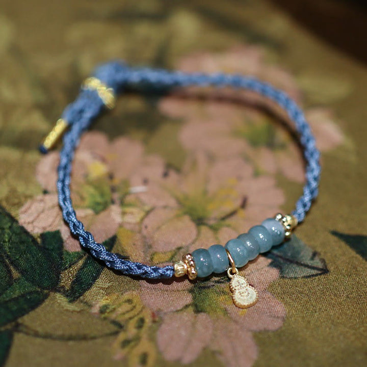 Braccialetto intrecciato con carattere Fu in argento sterling 925, giada naturale, quarzo rutilato e zucca, con fortuna