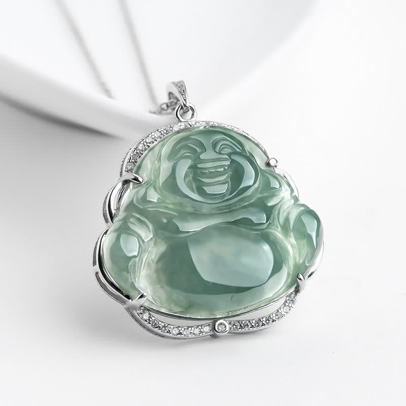 Collana con Buddha Stones in argento sterling 925 con ciondolo a forma di Buddha che ride in giada naturale - Giada - image 1