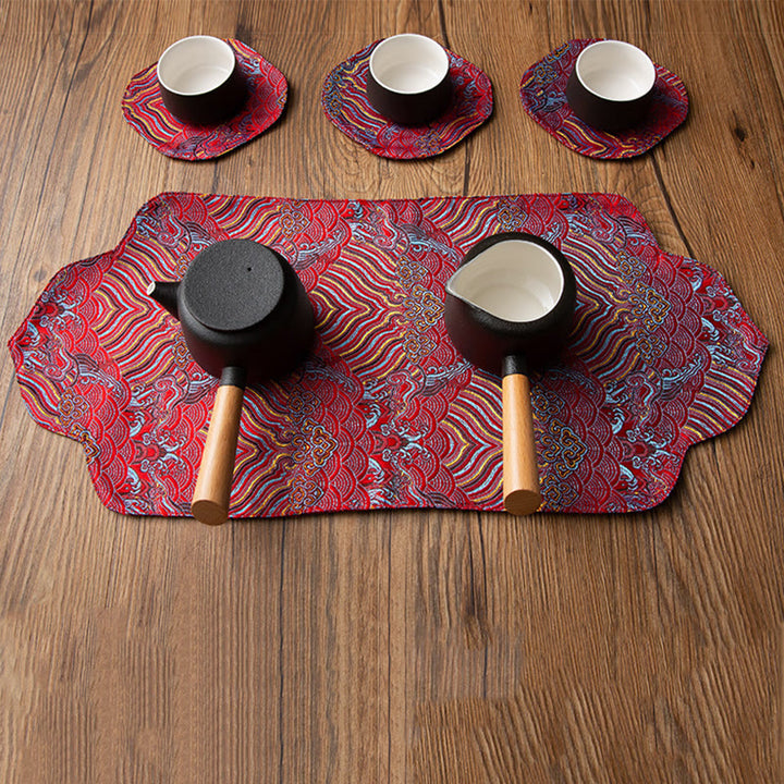 Buddha Stones Sea Wave Bamboo Plum Blossom Broccato Ricamo Sottobicchiere per tazza da tè Kung Fu Tappetino da tè