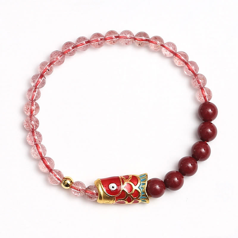 Braccialetto curativo con pesce koi portafortuna in quarzo fragola naturale cinabro Buddha Stones