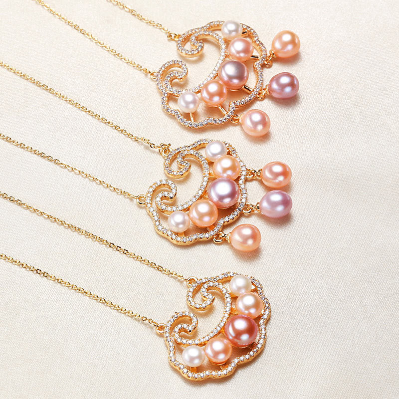 Collana con ciondolo con lucchetto cinese in perle naturali placcate in oro 18 carati, motivo : Buddha Stones