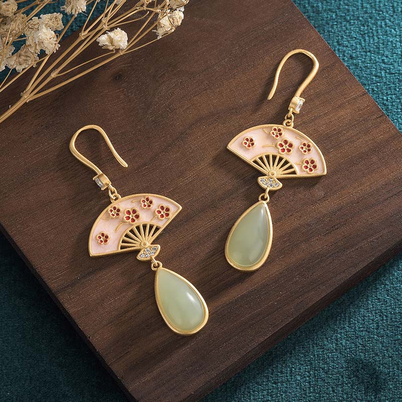 Orecchini pendenti con motivo a ventaglio in avventurina verde naturale Buddha Stones