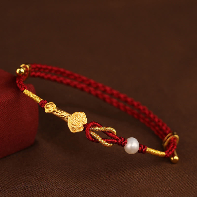 Buddha Stones 24K Oro Desiderio Ruyi Maniglia Fu Carattere Coniglio Perla Fortuna Bracciale Intrecciato - Collana con ciondolo a forma di Ruyi in oro 24 carati con perla (circonferenza del polso 14-19 cm) - image 0