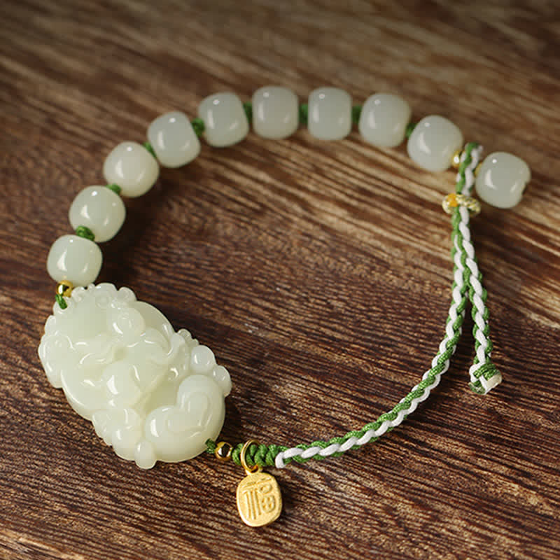 Braccialetto in argento sterling 925 con zodiaco cinese Hetian Jade Happiness Luck String
