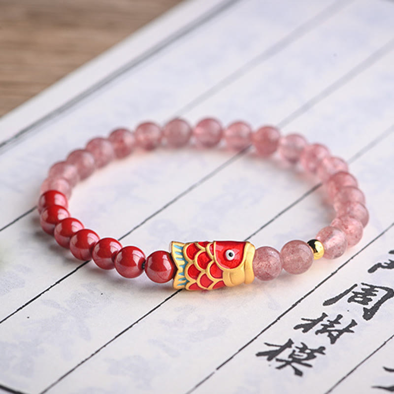Braccialetto curativo con pesce koi portafortuna in quarzo fragola naturale cinabro Buddha Stones