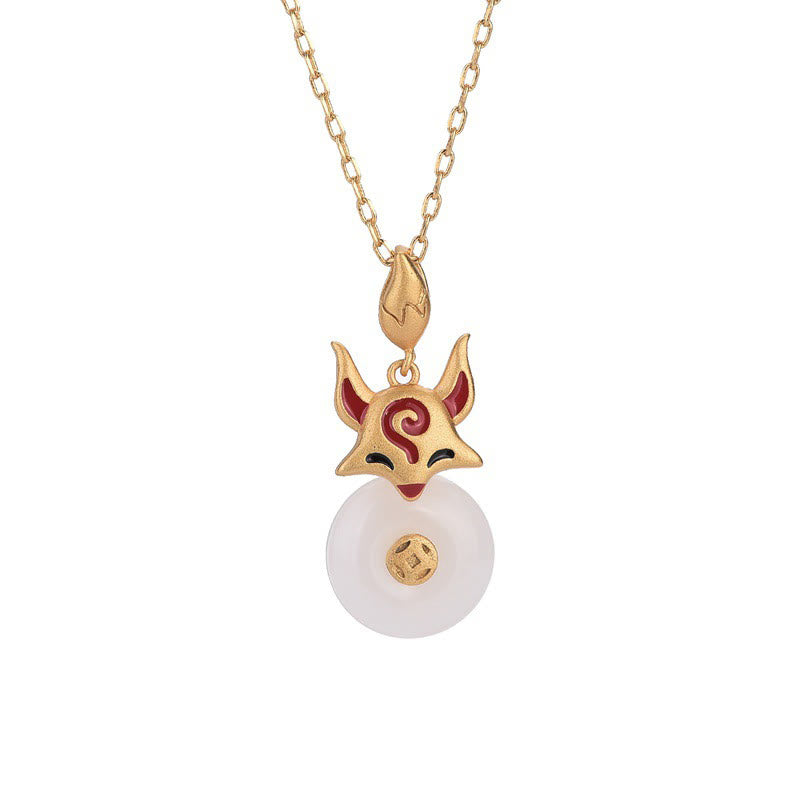 Buddha Stones Giada Bianca Volpe Moneta di Rame Protezione Fortuna Collana Pendente