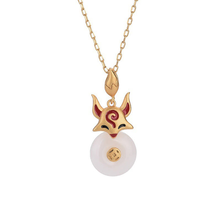 Buddha Stones Giada Bianca Volpe Moneta di Rame Protezione Fortuna Collana Pendente