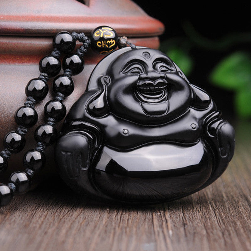 Collana con ciondolo di trasformazione in ossidiana nera Buddha Stones Laughing Buddha - image 2
