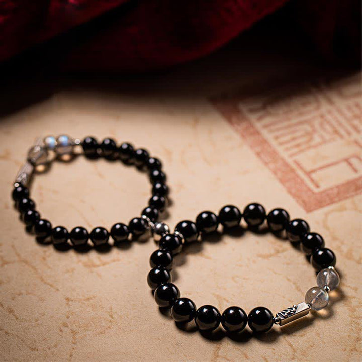 Bracciale di coppia in argento sterling 925 con pietra di luna e ossidiana