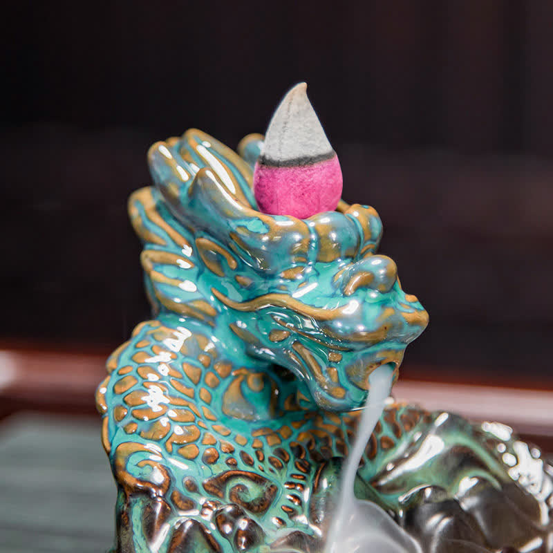 Bruciatore di incenso con fontana di fumo a riflusso in ceramica con motivo a drago, decorazione