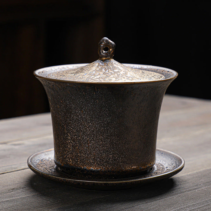 Buddha Stones Retro Rust Glaze Ceramic Gaiwan Sancai Tazza da tè Kung Fu Tazza da tè e piattino con coperchio