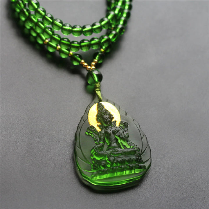 Buddha Stones Ciondolo della collana di protezione del cristallo Liuli placcato oro del Buddha di Tara verde tibetano - Tara verde foglia - Versione Luce del Buddha - image 7