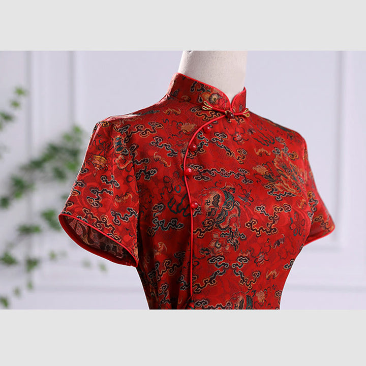 Abito da donna in cheongsam con stampa di foglie e nuvole di buon Buddha Stones vintage, abito da donna in qipao - image 10