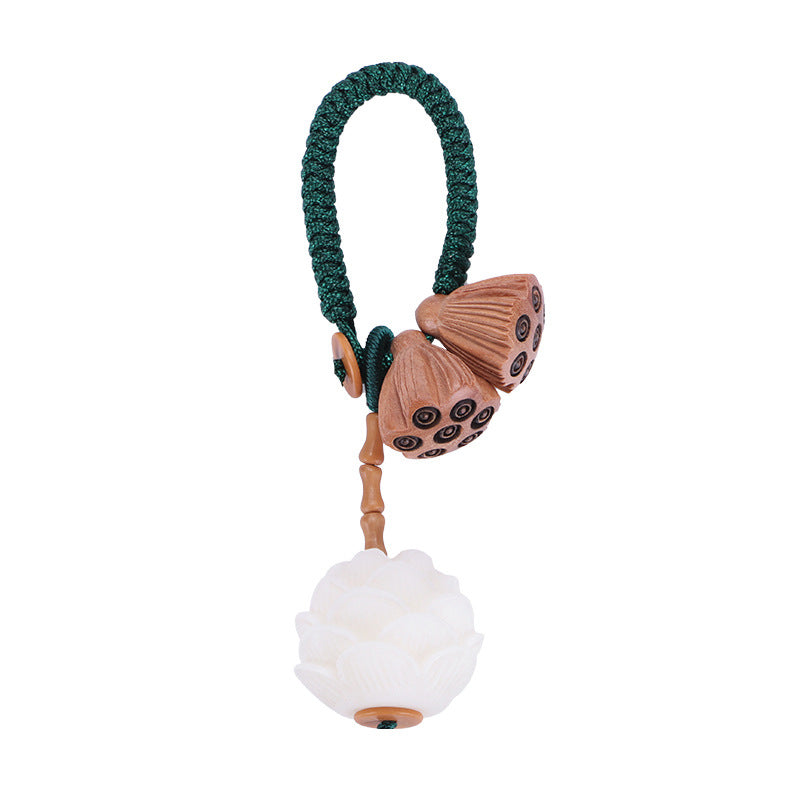 Buddha Stones Loto Naturale Bianco Bodhi Seme Legno di Pesca Fortuna Portachiavi Decorazione