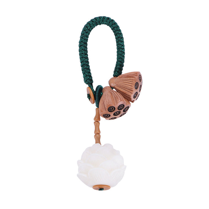 Buddha Stones Loto Naturale Bianco Bodhi Seme Legno di Pesca Fortuna Portachiavi Decorazione