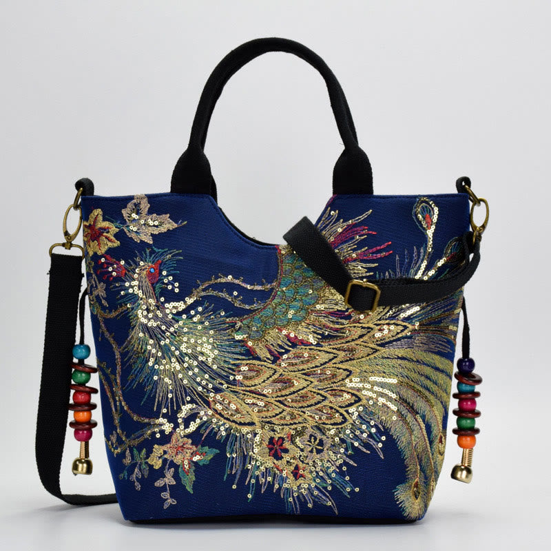 Borsa a tracolla con ricamo a doppia faccia con Buddha Stones e pavone
