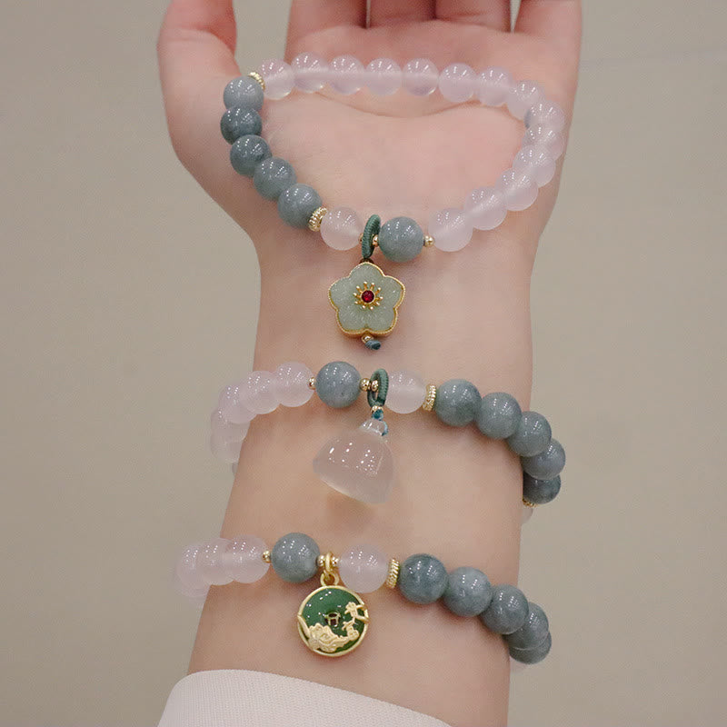 Braccialetto di protezione con fibbia della pace, fiore di loto, agata bianca e giada Buddha Stones