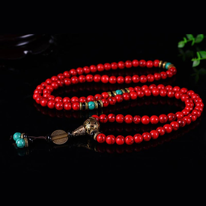 Buddha Stones Mala Tibetano Turchese Rosso Collana Fortunata Bracciale