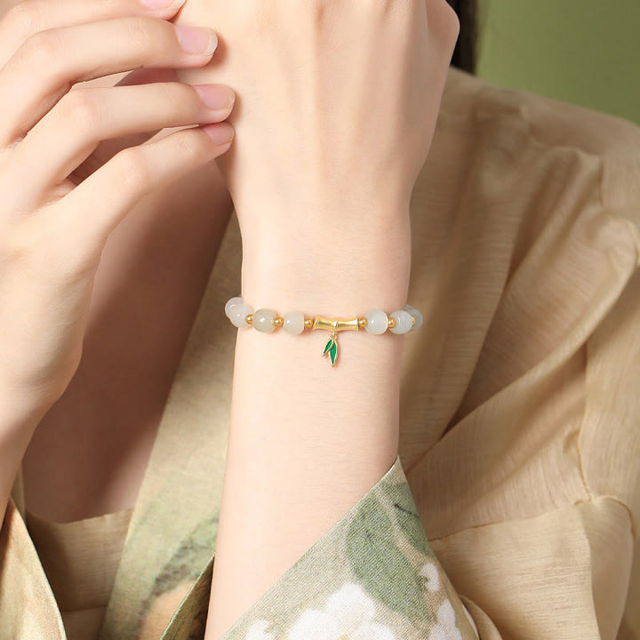 Braccialetto della fortuna in bambù e giada bianca Hetian in argento sterling 925 Buddha Stones