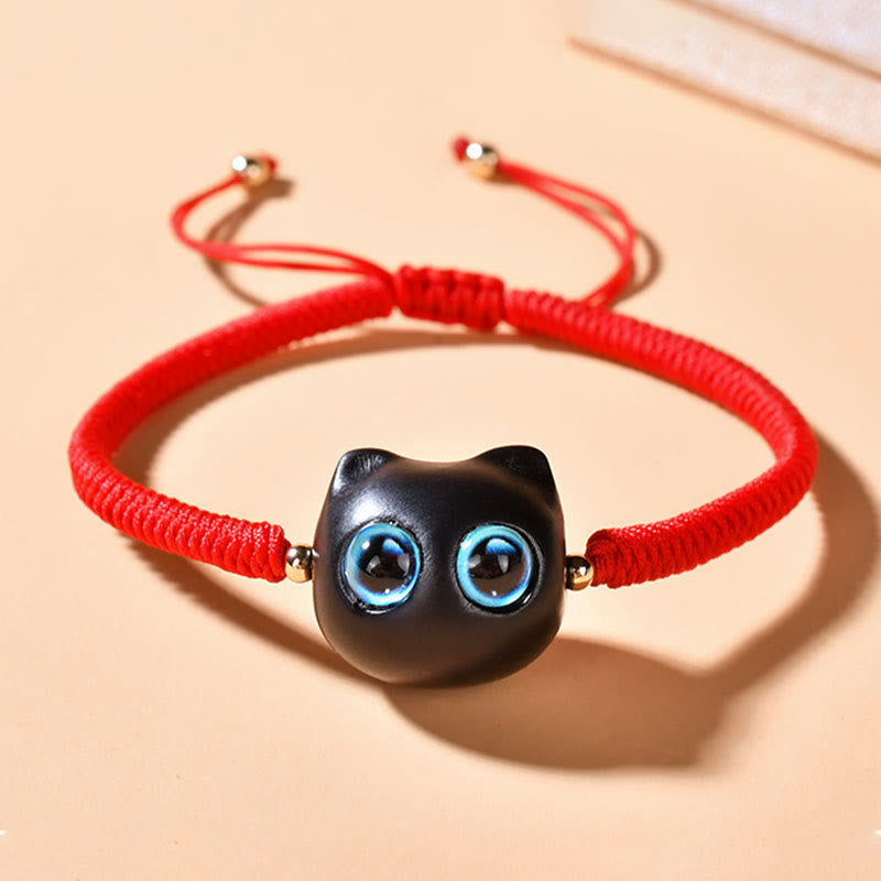Bracciale intrecciato con motivo a testa di gatto in legno di ebano Buddha Stones, nodo di King Kong della pace - image 10