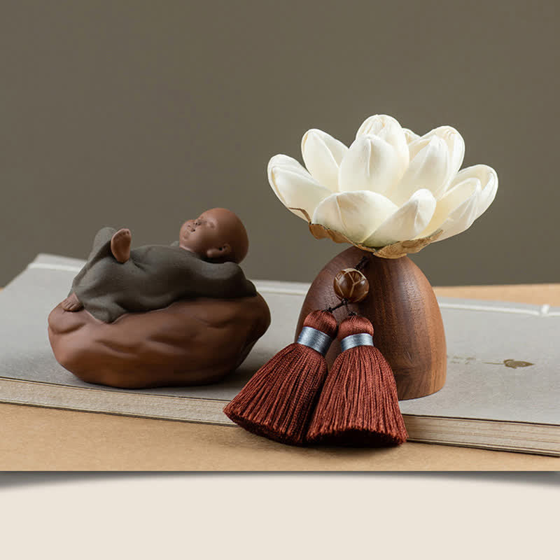 Decorazione di cura calma con fiore di Buddha in legno di pesca nera - Piccolo Monaco - image 12