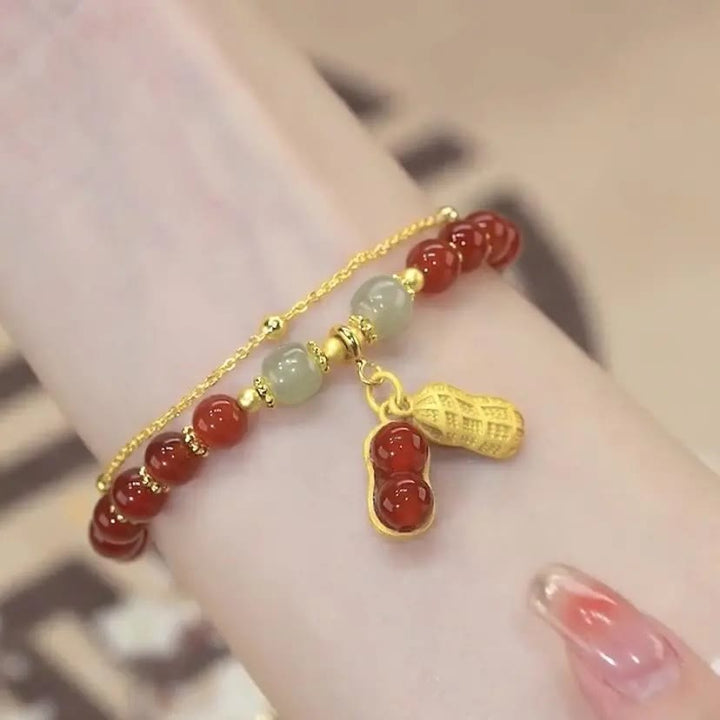 Braccialetto di perline con carattere Fu , Buddha Stones di giada, foglia di ginkgo, tulipano, arachidi e fortuna