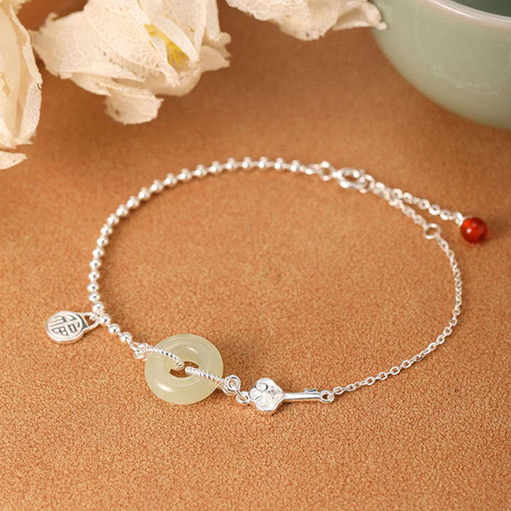 Bracciale con catena portafortuna in argento sterling 925 con fibbia della pace in giada Hetian e carattere Fu Buddha Stones