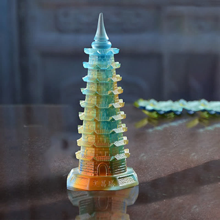 Torre di Wenchang Feng Shui fatta a mano in cristallo Liuli Pagoda Pezzo d'arte Fortuna Decorazione per ufficio in casa