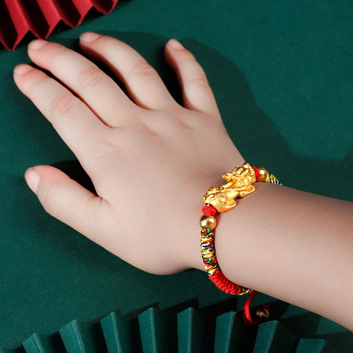Buddha Stones per bambini in argento sterling 999 PiXiu Wealth King Kong Knot String Braided Kids - Argento Sterling 999 PiXiu dorato - Corda colorata (misura braccialetto 12+4 cm) - image 1