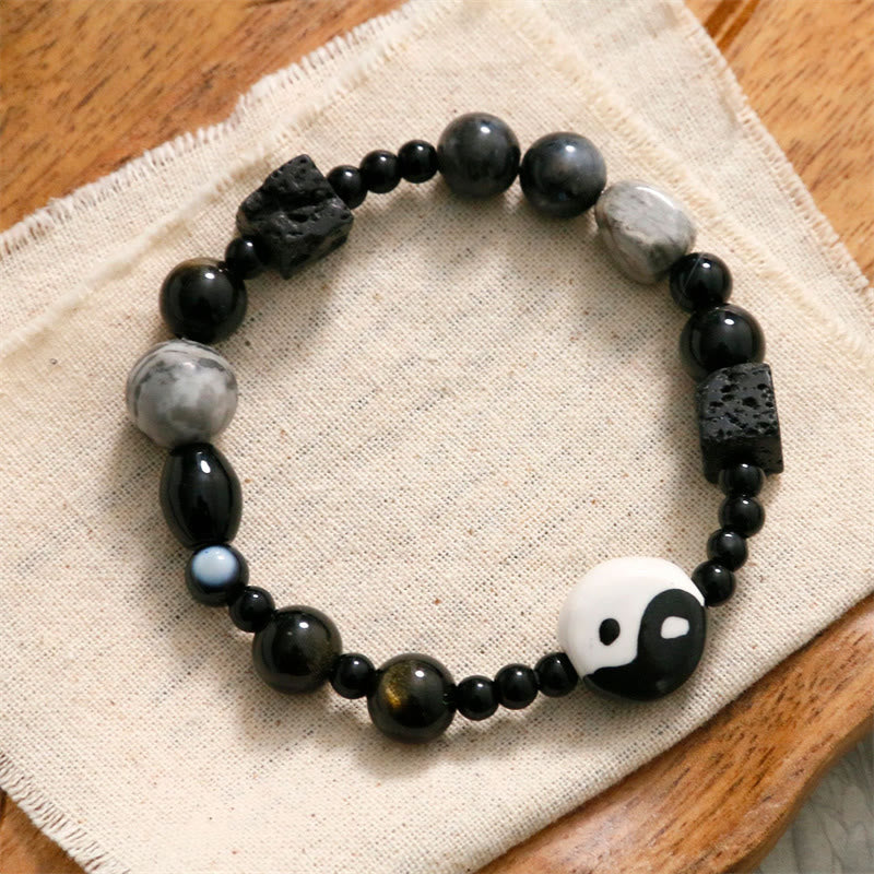 Braccialetto di protezione della fortuna Yin Yang con perline di diaspro Picasso in onice nero Buddha Stones - image 3