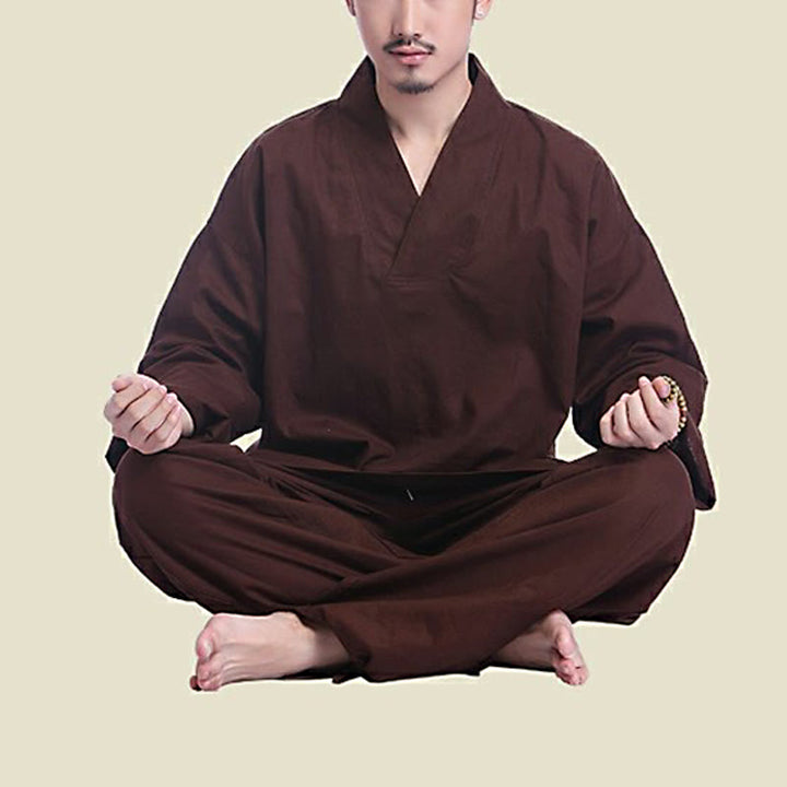 Set da uomo di abbigliamento yoga Buddha Stones a V, in cotone e lino, per meditazione e preghiera, spirituale e zen