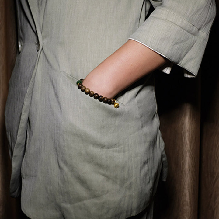 Bracciale Buddha Stones 999 Oro Brunei Agarwood Giada Ciano Fiore di Loto Pace Forza