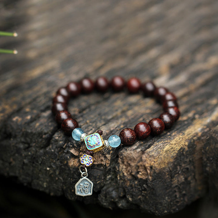 Bracciale Buddha Stones 925 Sterling Silver Indiano Piccola Foglia Sandalo Rosso Acquamarina Pieno di Stella d'Oro Cinese Nodo Benedizione Bracciale