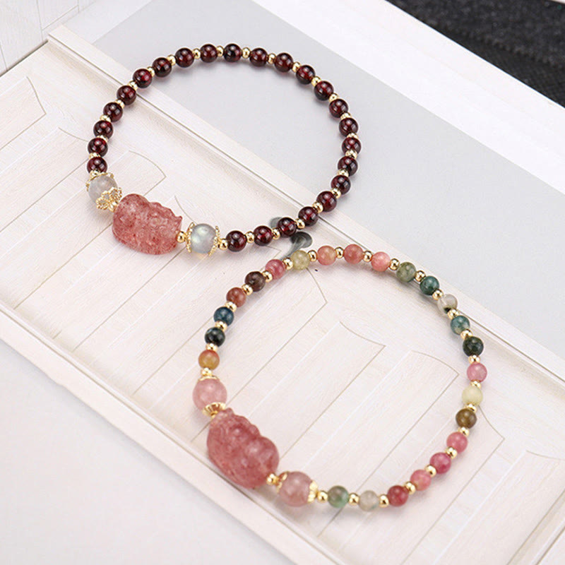 Braccialetto di protezione in pietra di luna PiXiu con quarzo fragola, tormalina naturale e granato Buddha Stones