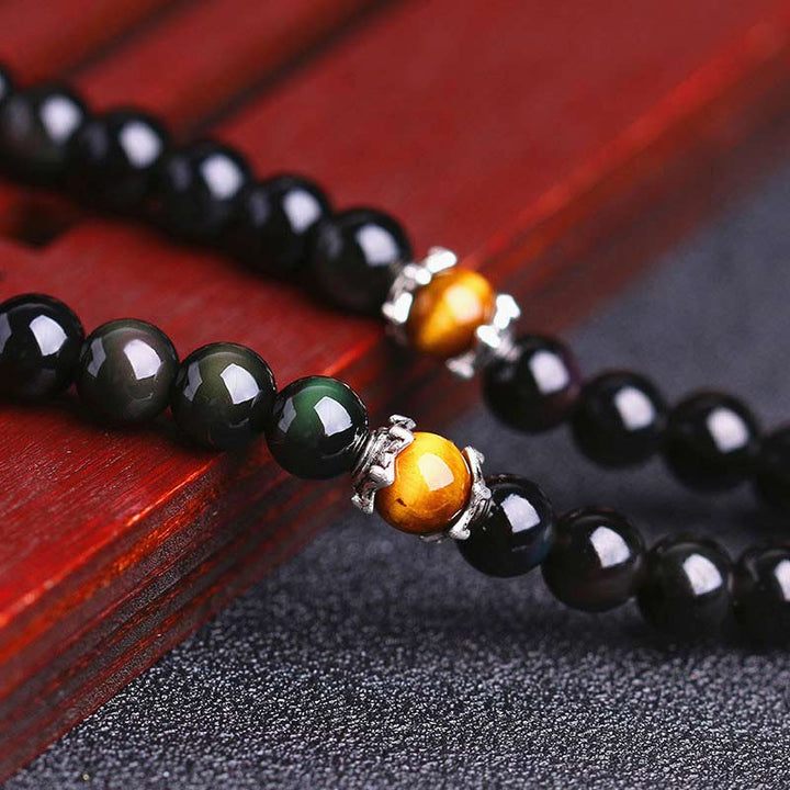 Bracciale Mala della Fortuna con 108 Perle dello Zodiaco Cinese e Occhio di Tigre in Ossidiana Nera