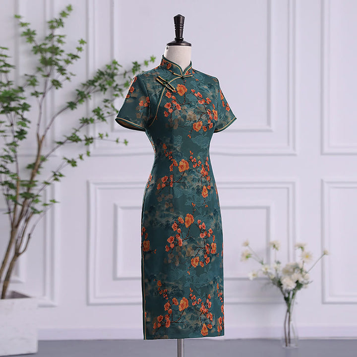 Abito da donna in cheongsam con stampa di piume di peonia e fiori di loto retrò Buddha Stones